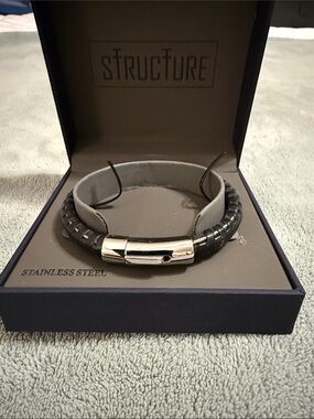 Structure Black Braided Leather Bracelet with Polished Stainless Steel Clasp